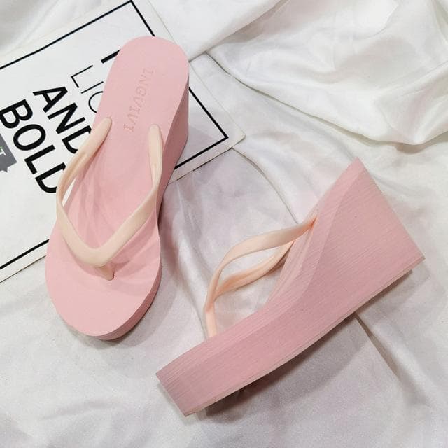 Summer Women's Shoes Beach Flip-flops Platform Sandals High-heeled Sandals Solid Color Skateboard Slippers Women Heels 39 pink
