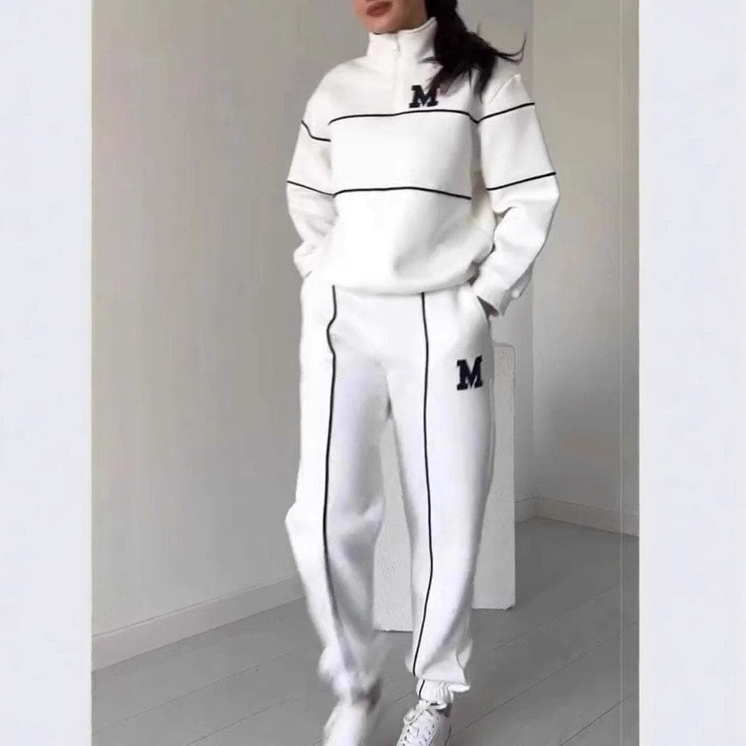 Women's sets sports casual long-sleeved zipper stand collar sweatshirt and trousers two-piece set XXXL white