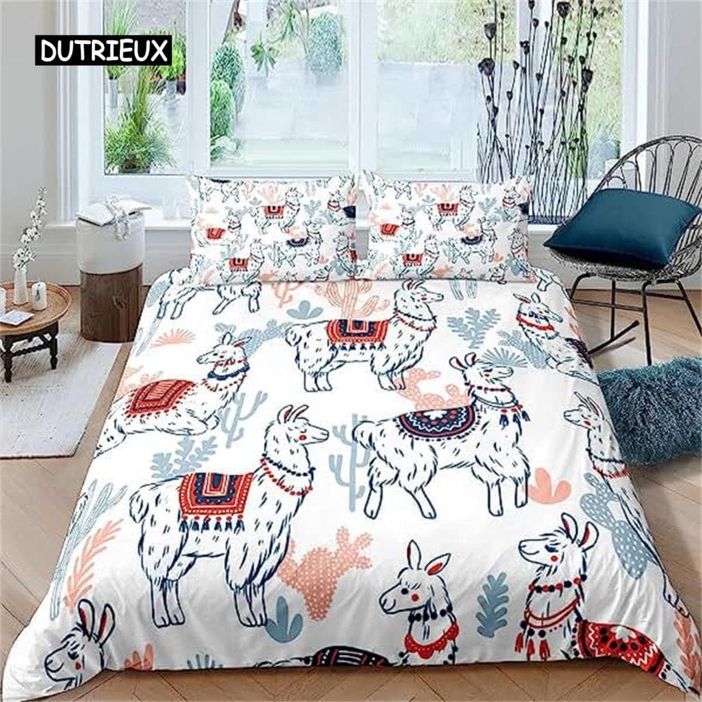 Cartoon Alpaca Duvet Cover Cute Bedding Set Cartoon Llama Comforter Cover For Boys Girls Teens Animal Theme Bedroom Decor Green 140x200cm 3pcs