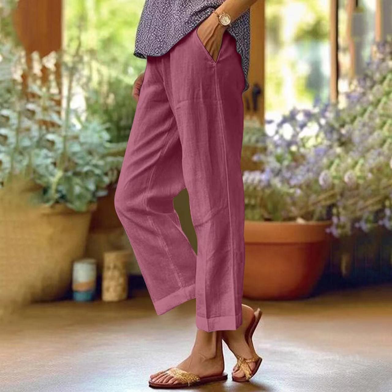 Cotton and Linen Women's Loose Fashion Solid Color Straight Casual Pants Women's Clothing L purple