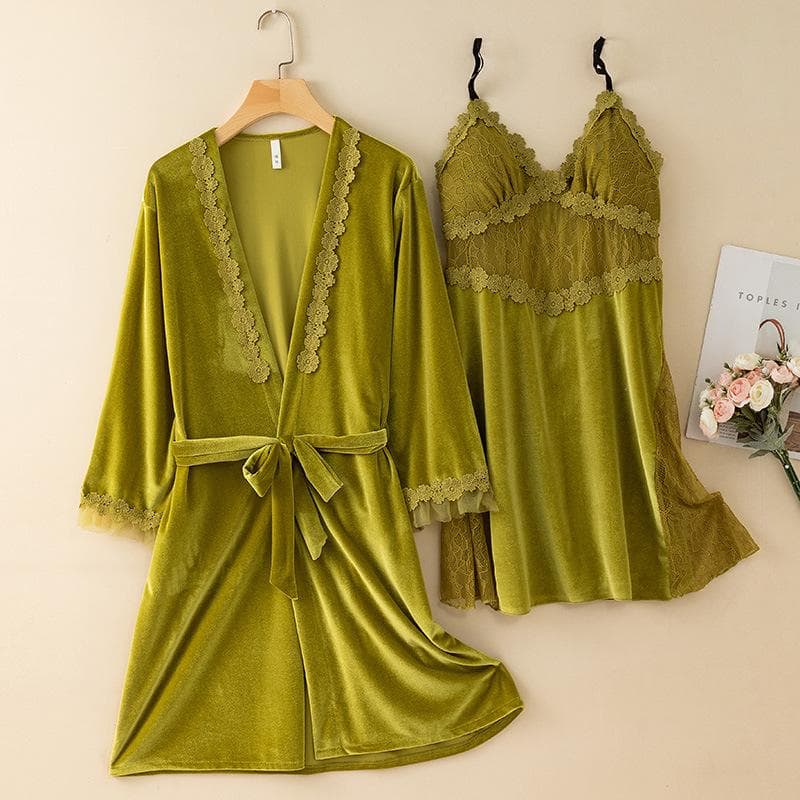 New Autumn Velvet Pajamas Two-piece Robe Set Feminine Lace See-through Robe Bathrobe Casual Velvet Home Clothes M