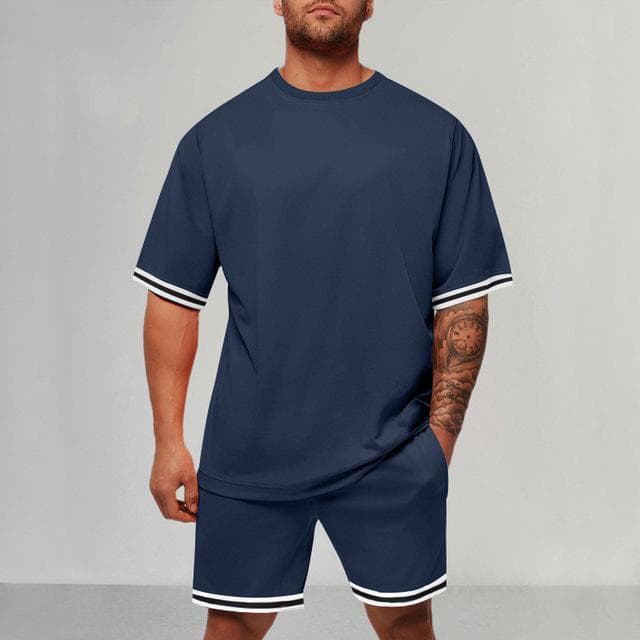 Short Sleeved T-shirt Shorts Set for Men Summer Two-piece T-shirt Paired Casual Sports Streetwear Loose Fitting Set XXXL navy blue
