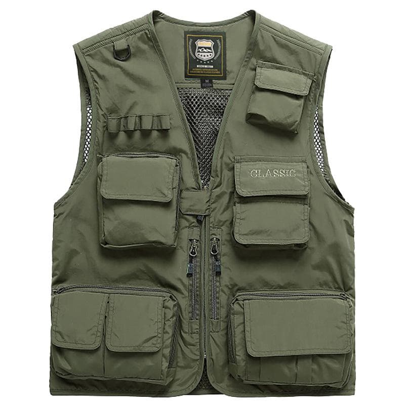 Multi Pocket Fishing Waistcoat Plus Size Men Solid Color Zipper Photography Vest Sleeveless Jacket S green