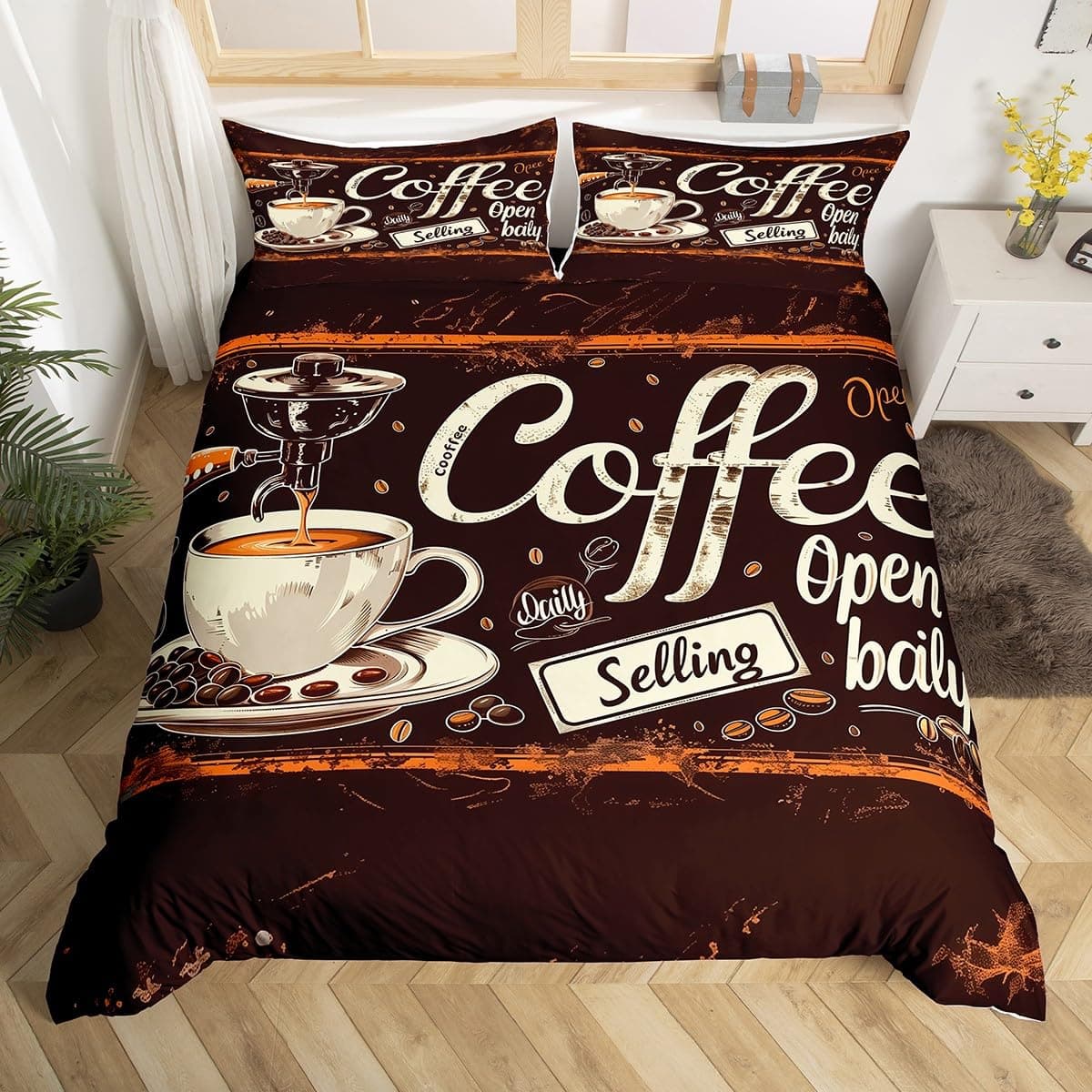 Coffee Duvet Cover Queen King Cartoon Coffee Drink Cup Print Bedding Set Coffee Lover Comforter Cover Modern Brown Quilt Cover 150x200cm 3pcs