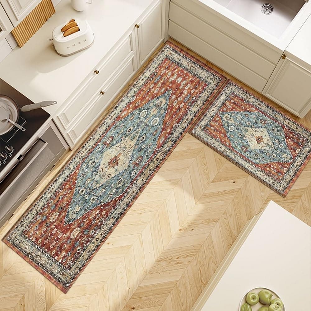 2pc Vintage Kitchen Floor Mat Boho Floral Entrance Area Doormat Home Decor Non-Slip Long Strip Crystal Velvet Carpet 40x60cm 16x24inch