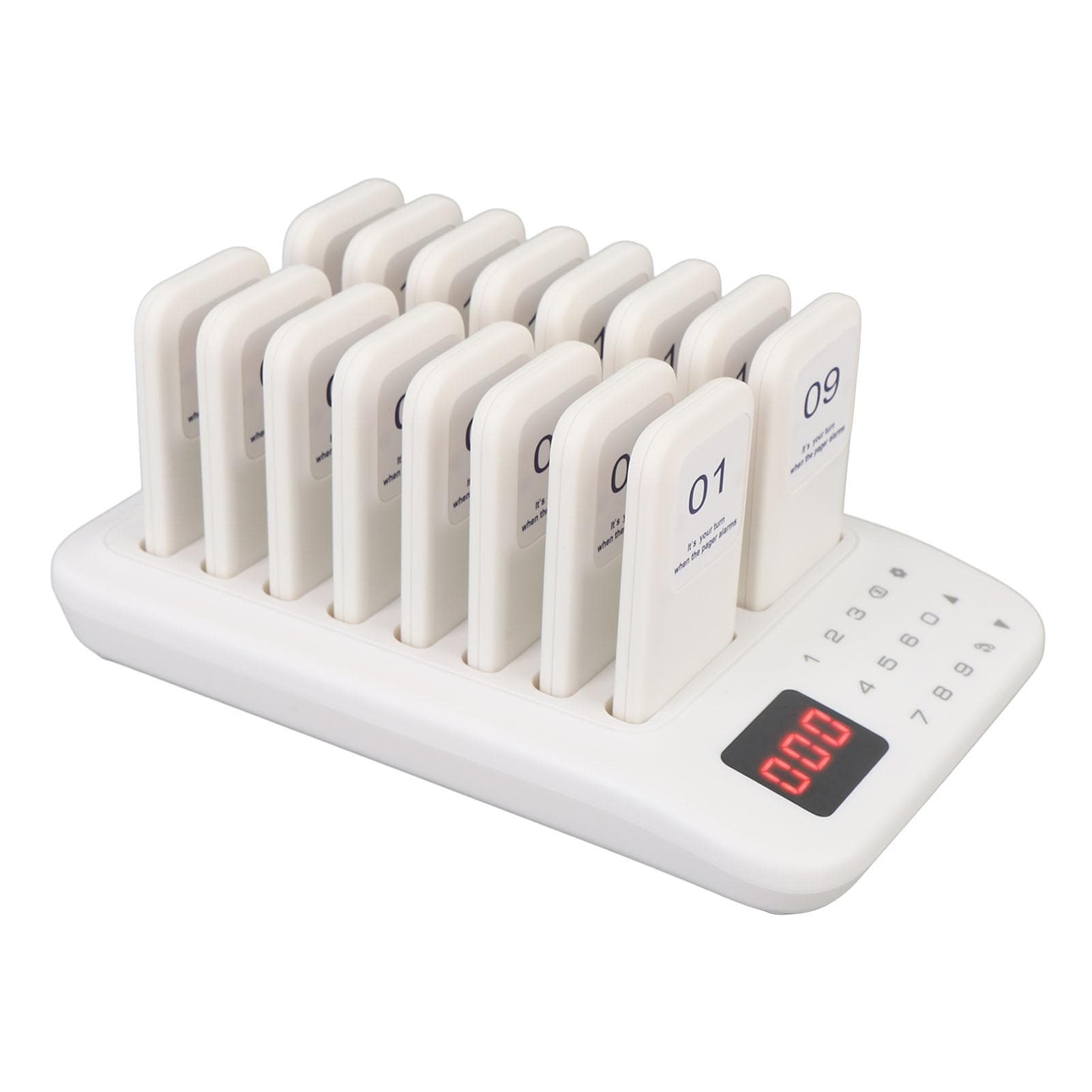 Restaurant Pager System 1 to 16 Vibration Buzzer Flashing Modes 433.92MHz 500m 999s Wireless EU Plug white