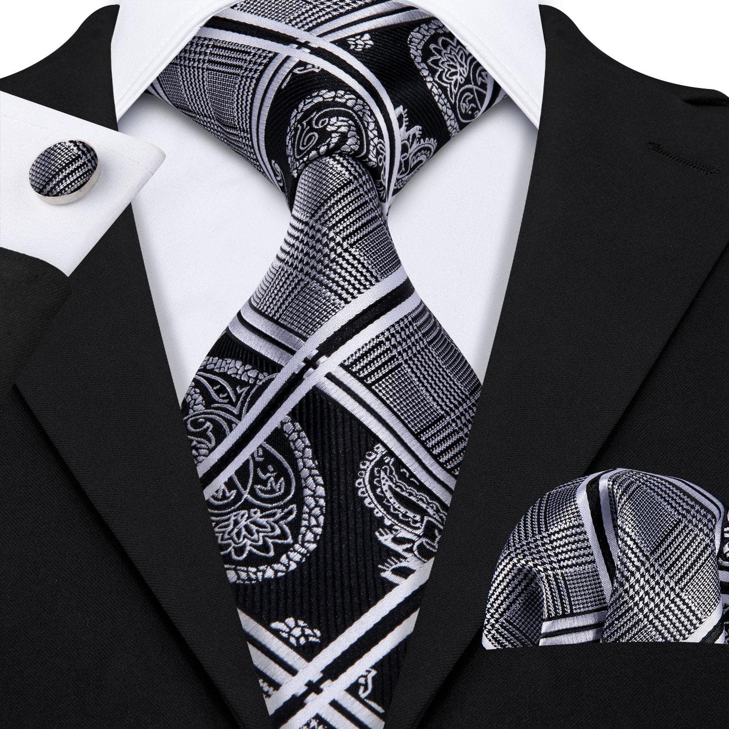 Hi-Tie Mens Accessories Silk Tie Handkerchief Cufflinks Set for Wedding Party Floral Solid Necktie N-1659