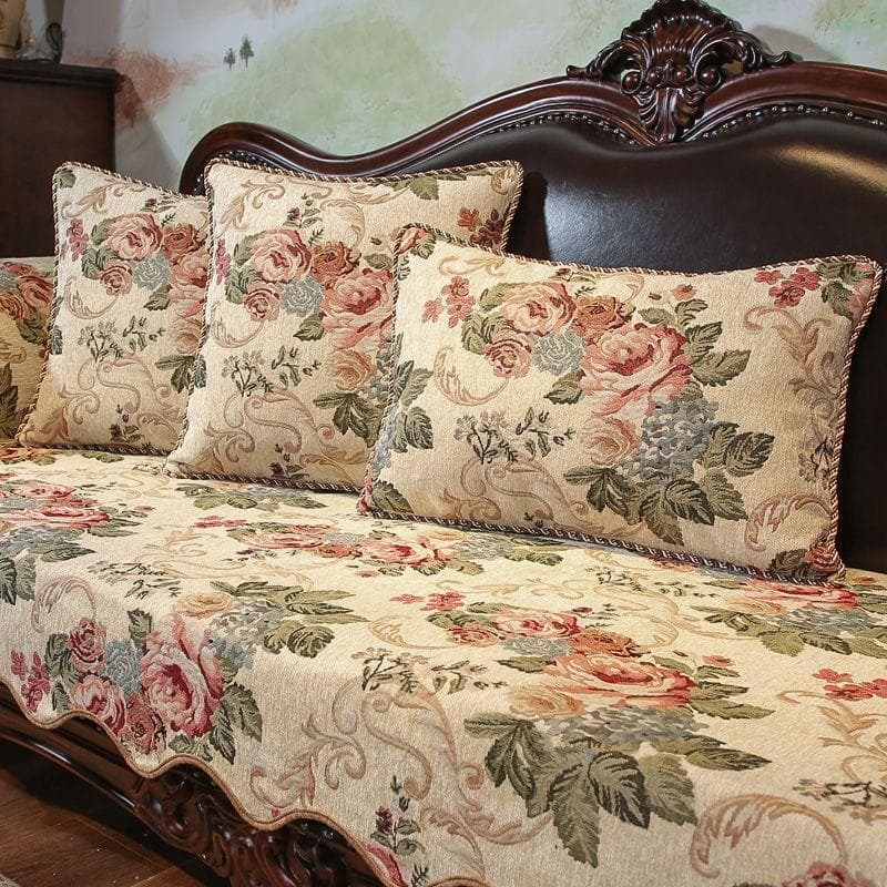 Embroidered Irregular Edge Sofa Cover Chenille Non Slip Sofas Towel Pillowcase European Style Red Green Sofa Cushion with Hem 90x75cm 1pcs
