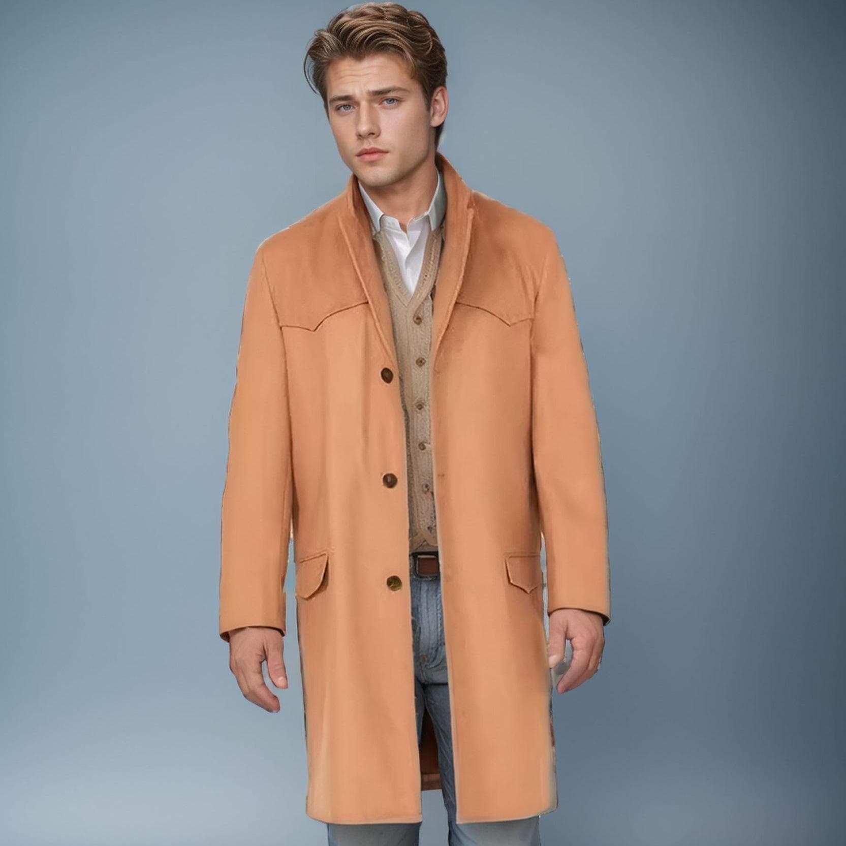New Men's Autumn and Winter Long Woolen Coat Single-breasted Woolen Coat Solid Color Business 2XL