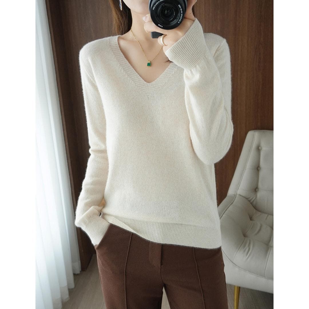Women V-neck Bottoming Shirt Pullover Sweater Knitted Cashmere Fashion Loose Jumper Winter Top S