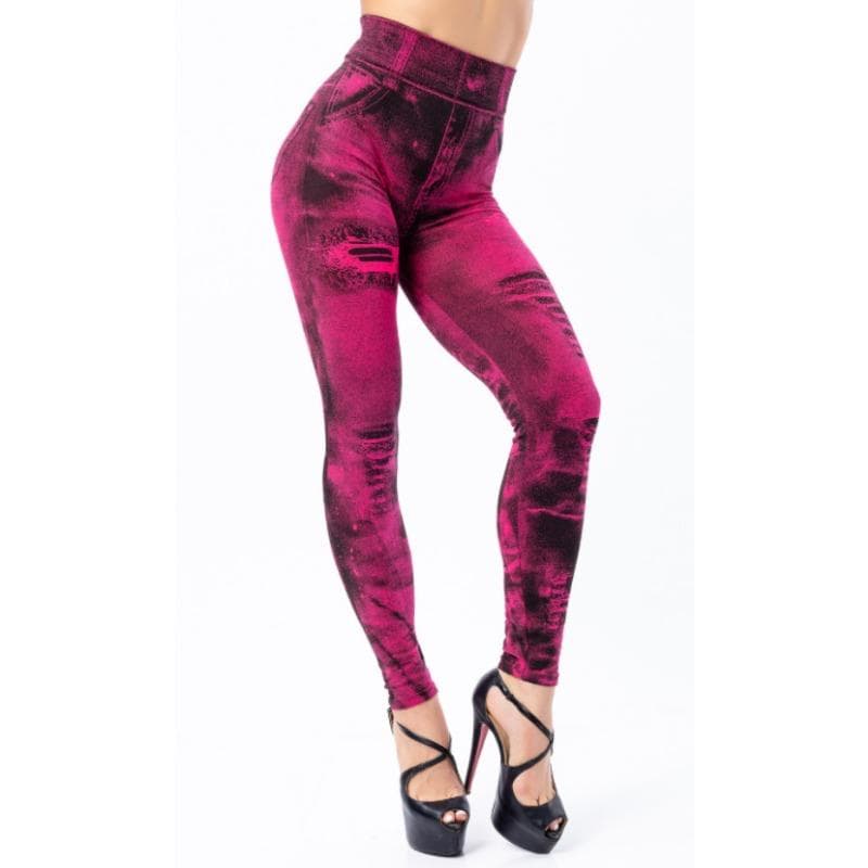 Women Plus Size Pencil Pants Imitation Jeans Denim Pants High Waist Leggings Casual M red