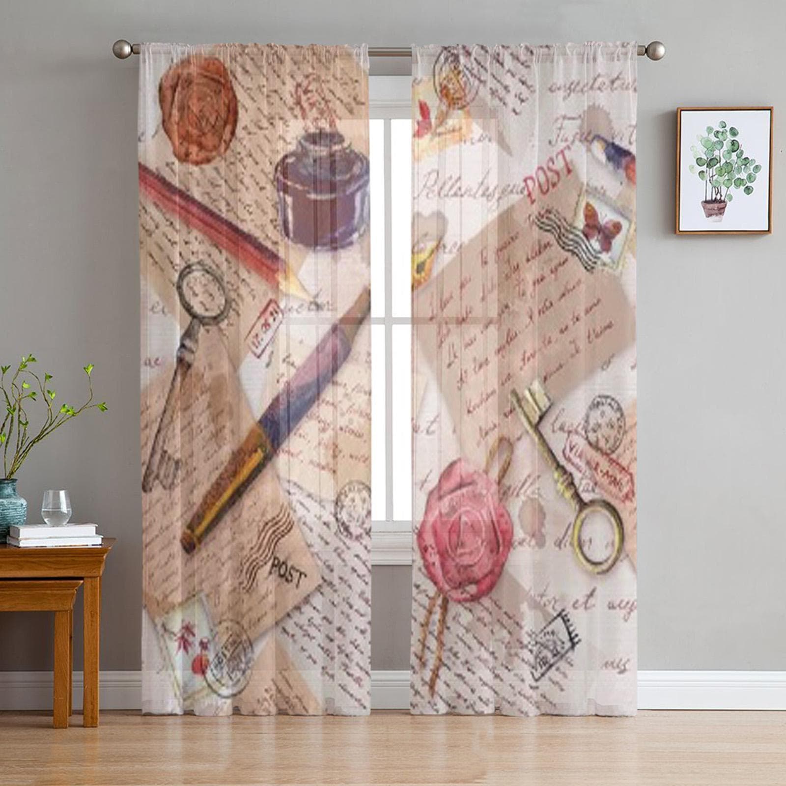 Vintage Old Ink Bottle Texture Sheer Curtains for Living Room Transparent Tulle Window Curtain Bedroom Kitchen Decor Veil Drapes 135W x 114H(cm)