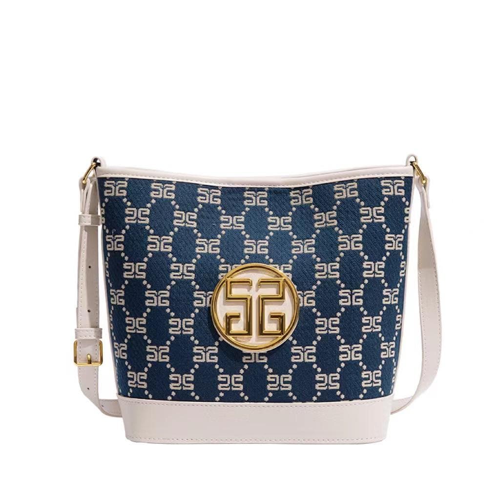 Summer Women's High-end Single-shoulder Crossbody Bucket Bag, Niche Printed Cotton and Linen Pu Large-capacity Simple Mother-and-child Bag