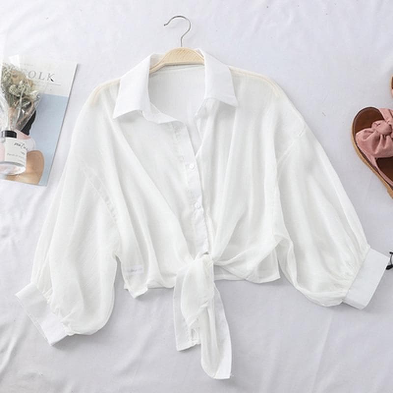 2024 Half Sleeve Chiffon Buttoned Up Shirt Loose Casual Blouse Women Simple Summer Shirts Tied Waist Elegant Blouses for Women 97761 XL white