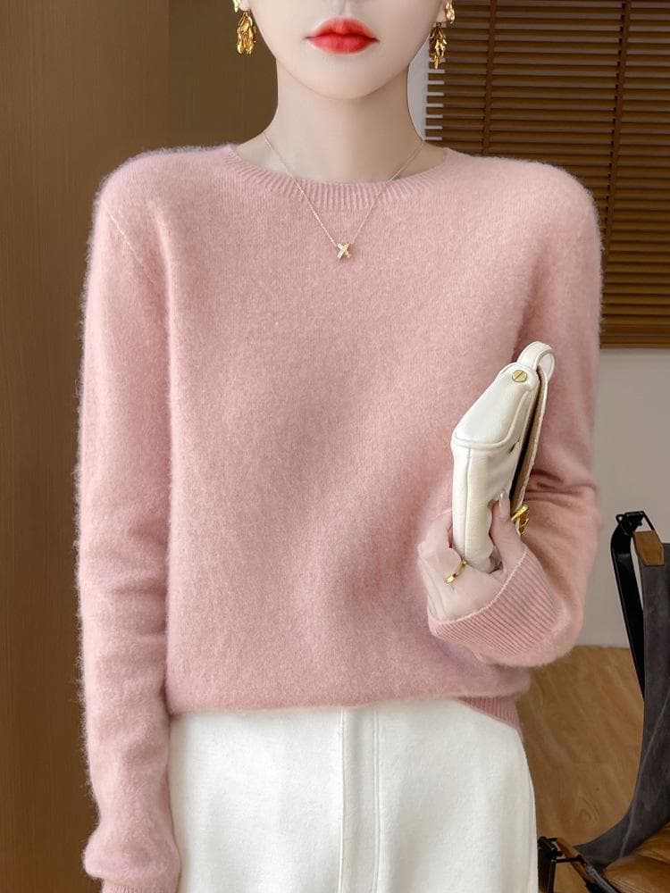 Women's 100% Pure Wool Loose Knitted Pullover Sweater for Autumn/Winter round neck, M