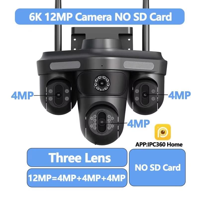 6K 12MP 3 Lens 3 Screens WiFi Outdoor Camera Ai Motion Tracking PTZ Video Camera Color Night Vision CCTV Security Surveillance IPC360 Home 12MP Camera