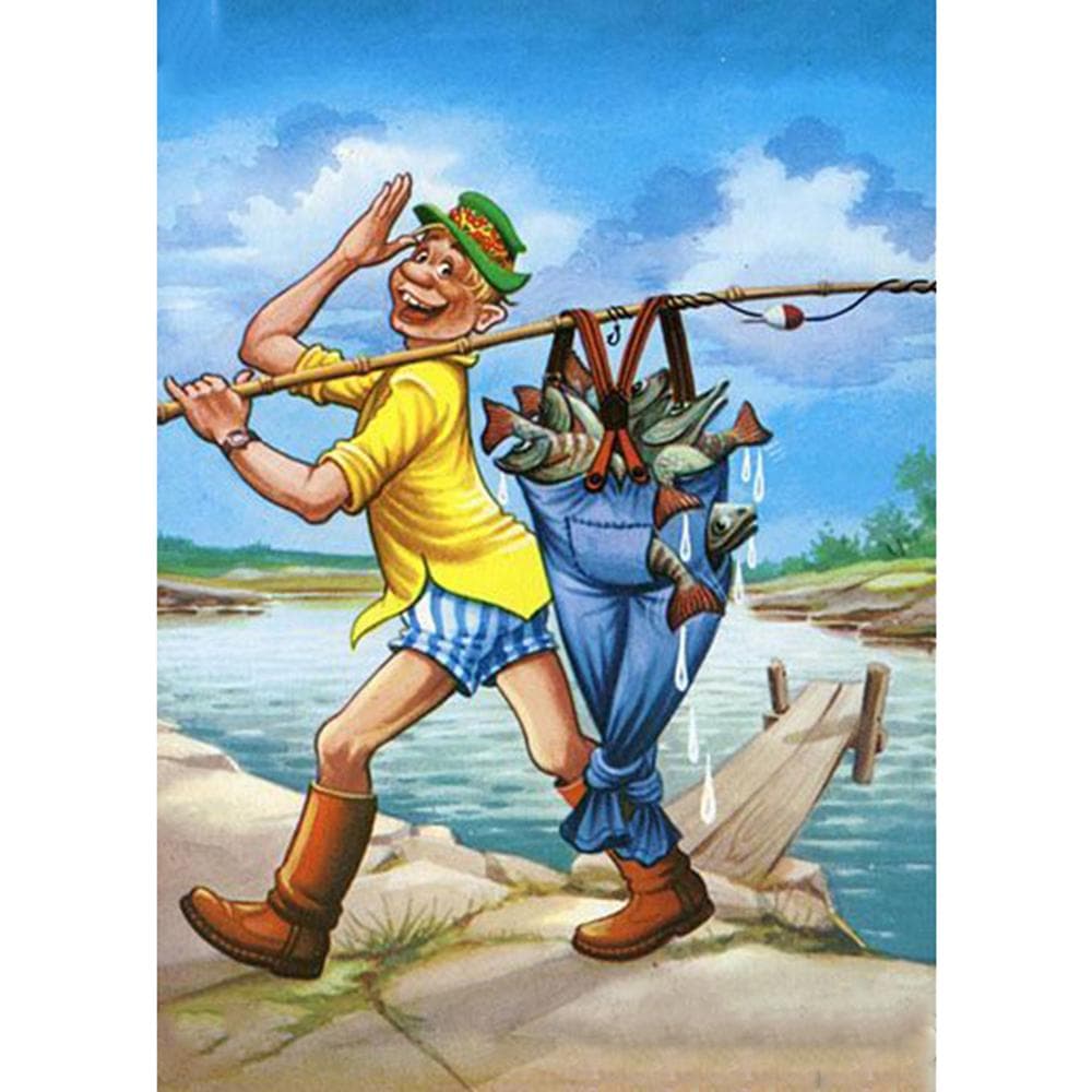 Diamond Painting Full Round Drill Cartoon Fishing Diamond Rhinestone Embroidery Cross Stitch 30X40CM