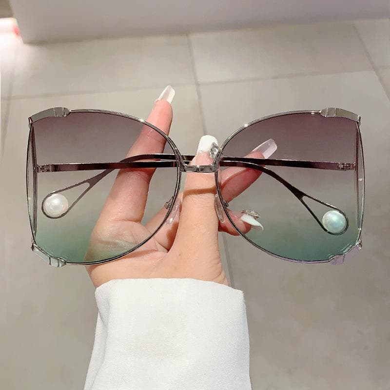 New Oversized Metal Sunglasses Women Luxury Designer Pink Vintage Big Frame Pearl Shades Elegant Sun Glasses As the picture