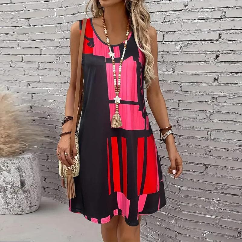 Women's Rose Flower Printed Sleeveless Round Neck Dress Loose Soft and Comfortable Plus Size Dress S red