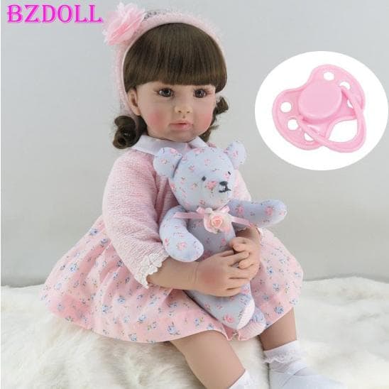 BZDOLL 60 CM Silicone Bebe Reborn Toddler Girl Baby Doll 24inch Lifelike Pink Princess Toy with Plush Bear Lovely Birthday Gift 60cm Doll, Brown eyes