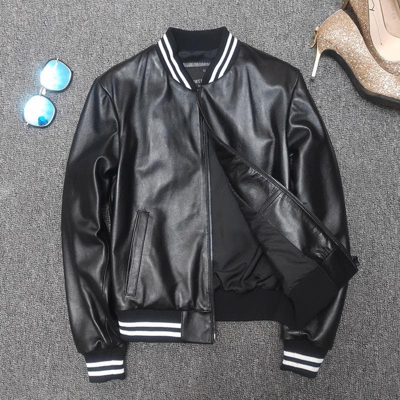 Women's Short Genuine Leather Jacket Sheepskin Slim Leather Jacket Baseball Jacket L black