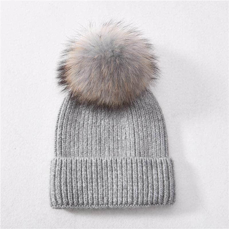 Jaxmonoy Cashmere Knitted Beanie Hat Big Real Raccon Fur Pom Pom Top Beanie High Quality Warm Bonnet Cap Female Hats for Woman