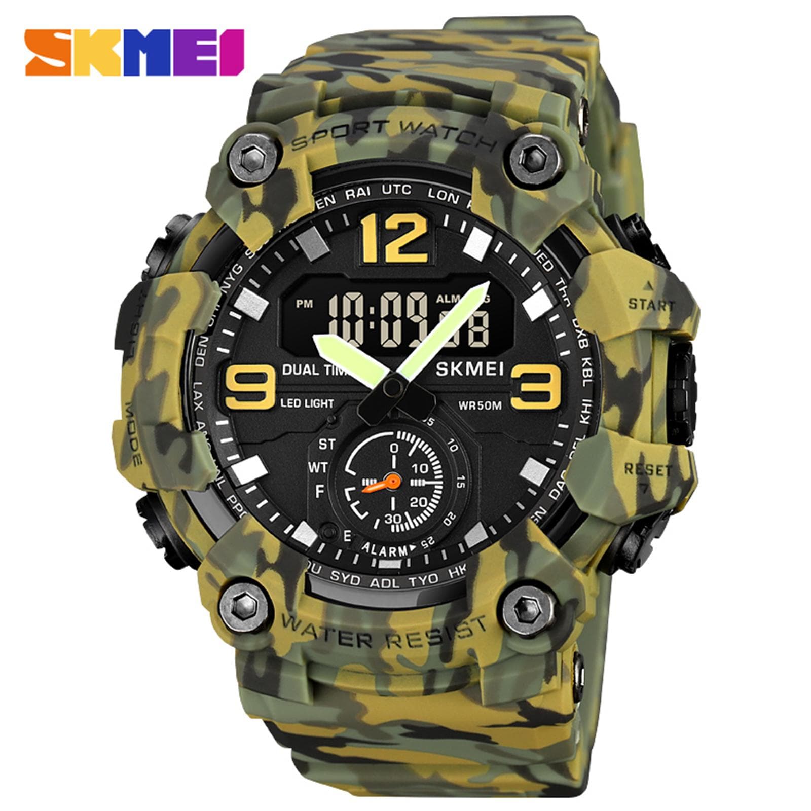 SKMEI 1965 Men Watch Professional 30M Water Resistant Double Display Double Movements GMT Time army green