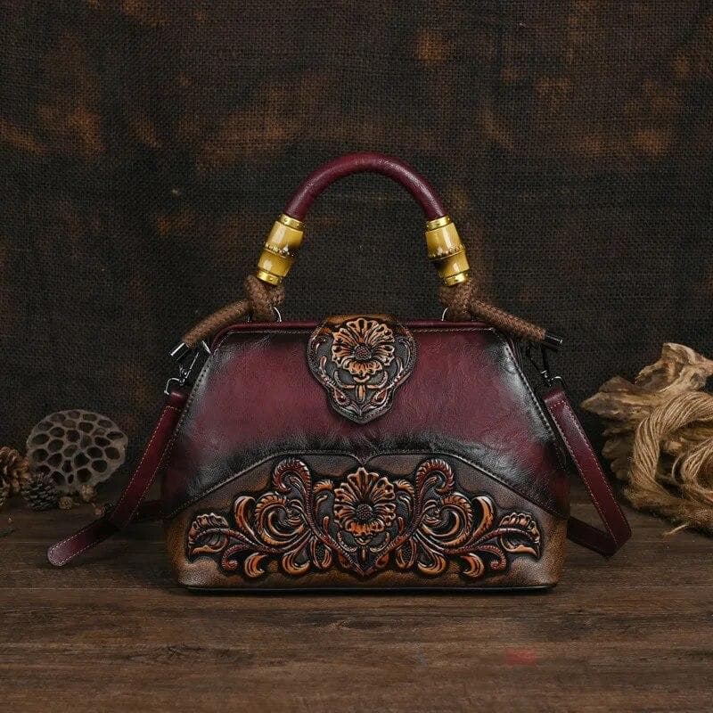 Ladies Luxury Handbag 2024 New Vintage Handmade Leather Carved Women Tote Bag Versatile Female Shopping Shoulder Crossbody Bags wine red