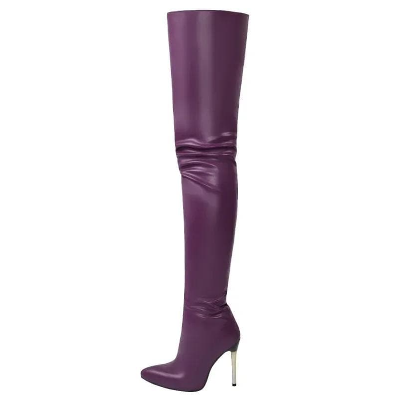 Fashion Women Patent Leather Boots Sexy Thigh High Boots Metal Stiletto Heels Fitted Party Boots Knee High Boot Big Size 45 46 47 48 48 purple