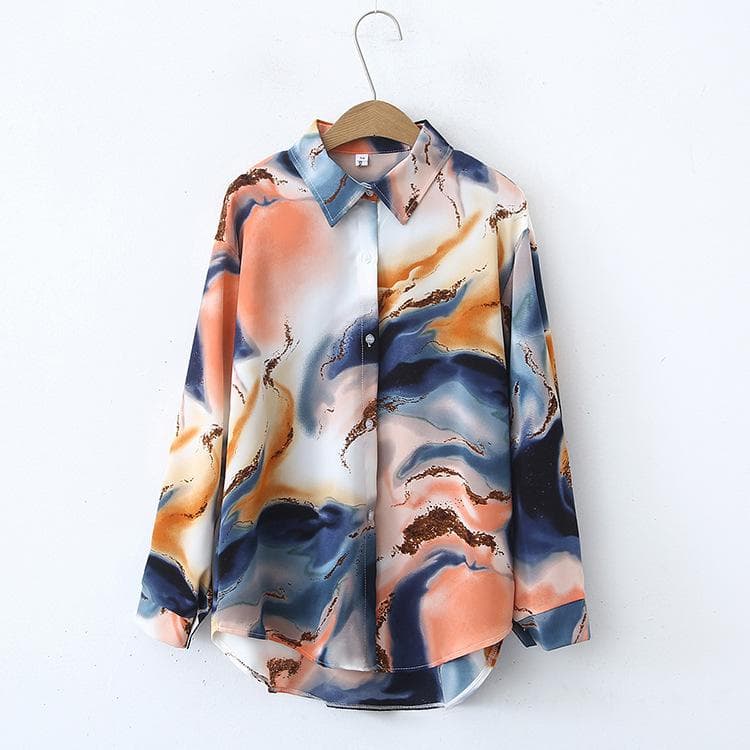Retro Tie Dye Satin Shirt Women's Summer Comfortable Top Chiffon Shirt XL