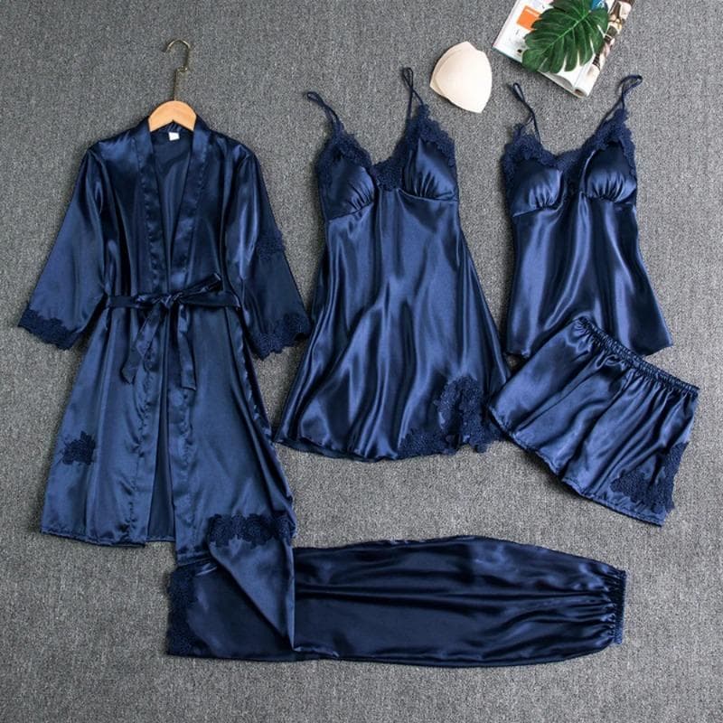 5PC Silk Robe Sleep Suit Womens Lace Satin Pajamas Gown Set V-Neck Cami Nighties Wear Pijama Home Nightwear Spring Nightdress 3XL
