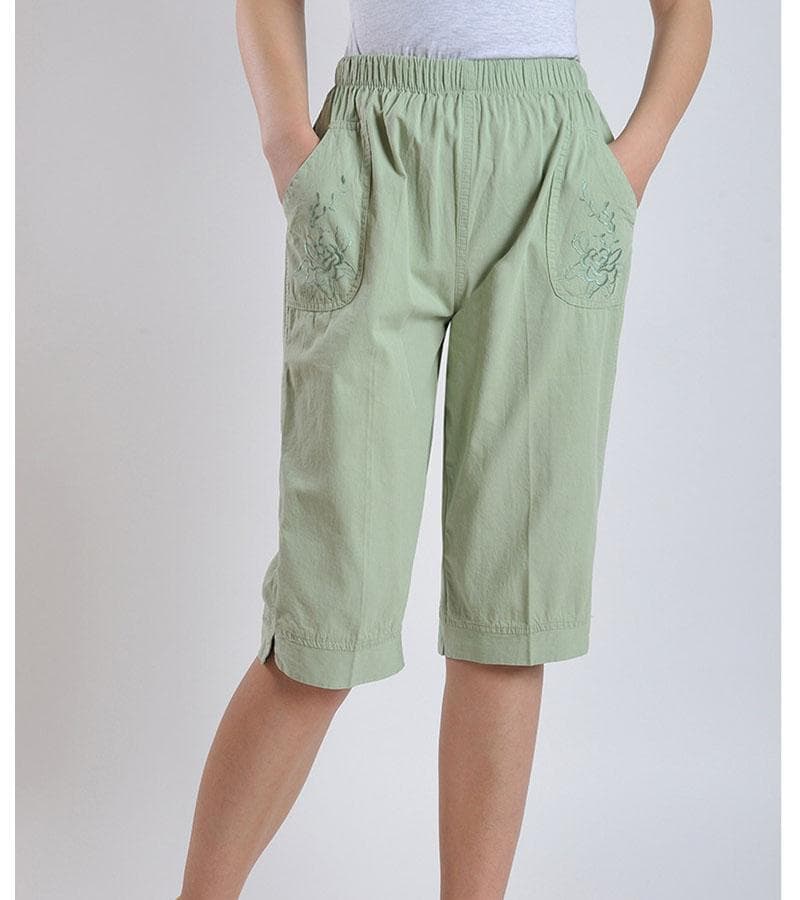 Middle-aged and Elderly Summer Elastic Waist Ladies High Waist Straight Pants Large Size Washed Cotton Cropped Pants XL green