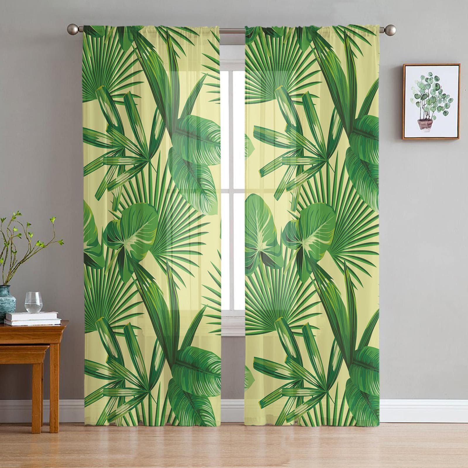Lisianthus Flower Palm Leaf Curtains For Living Room Luxury Baby Bedroom Tulle Curtains Kitchen Room Modern Style Sheer Curtains 135W x 114H(cm)