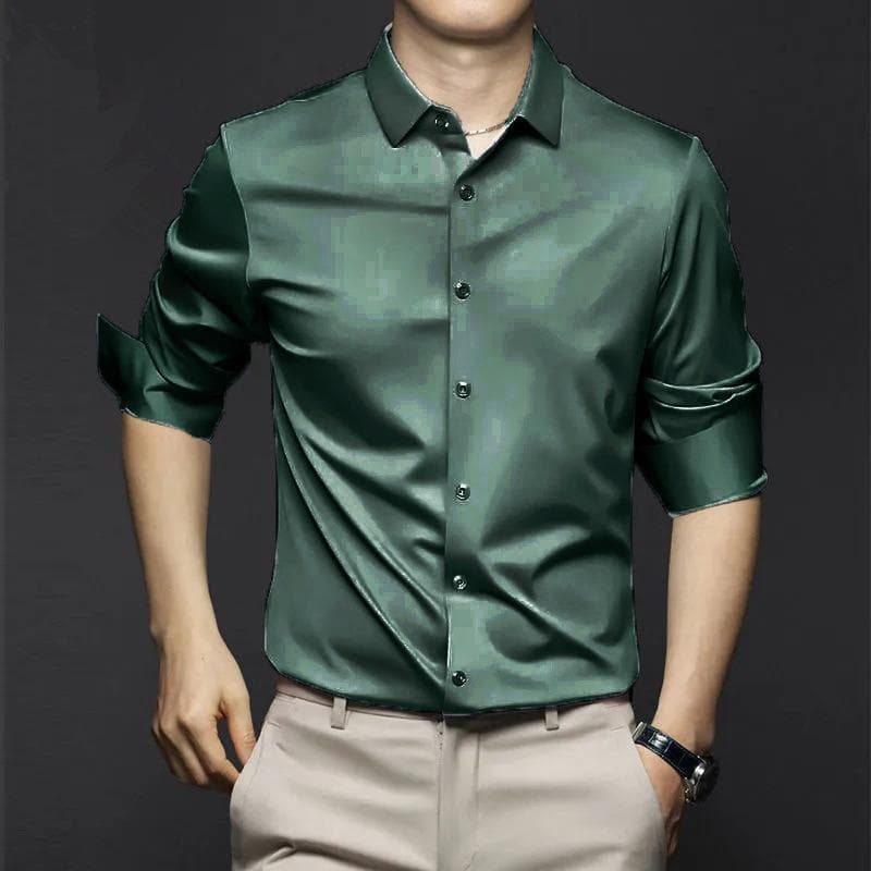 New Stretch Anti-Wrinkle Men's Shirts Long Sleeve Dress Shirts for Men Slim Fit Social Business Blouse White Shirt 6XL 3XL dark green