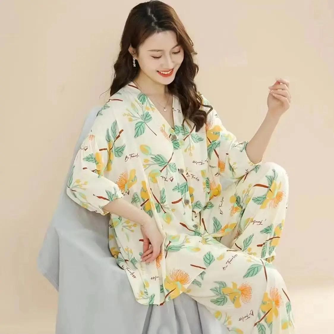 Pajama Set Long Sleeve Long Pants Women's Spring Autumn Button Cardigan Comfortable and Casual One size