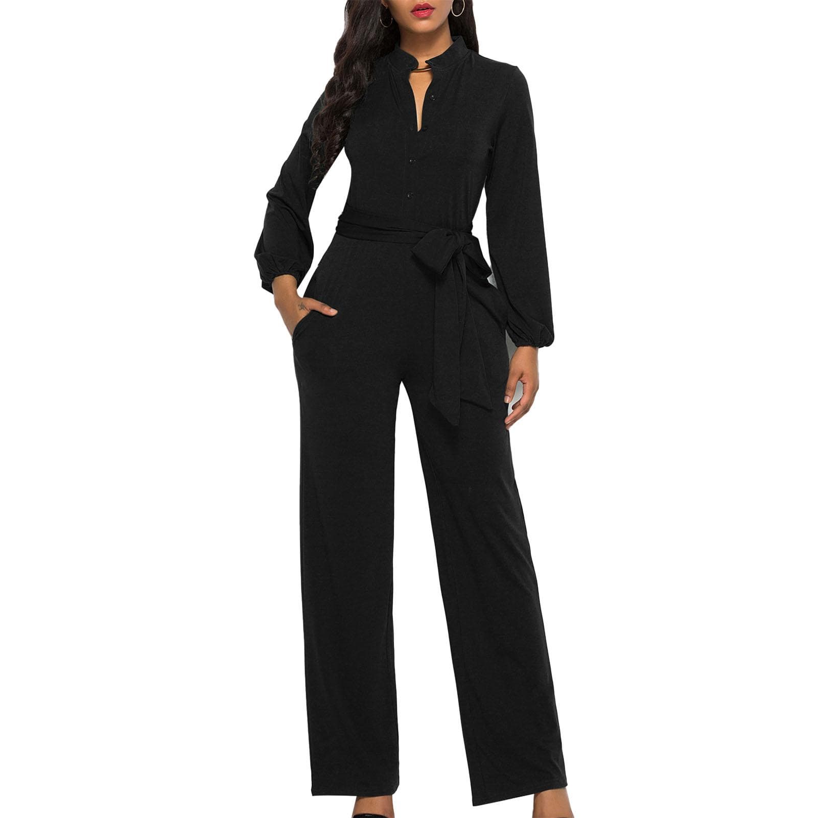 Wide Leg Sleeved Jumpsuit Casual High Waisted Tied Single Breasted Crewneck with Pockets Formal M black