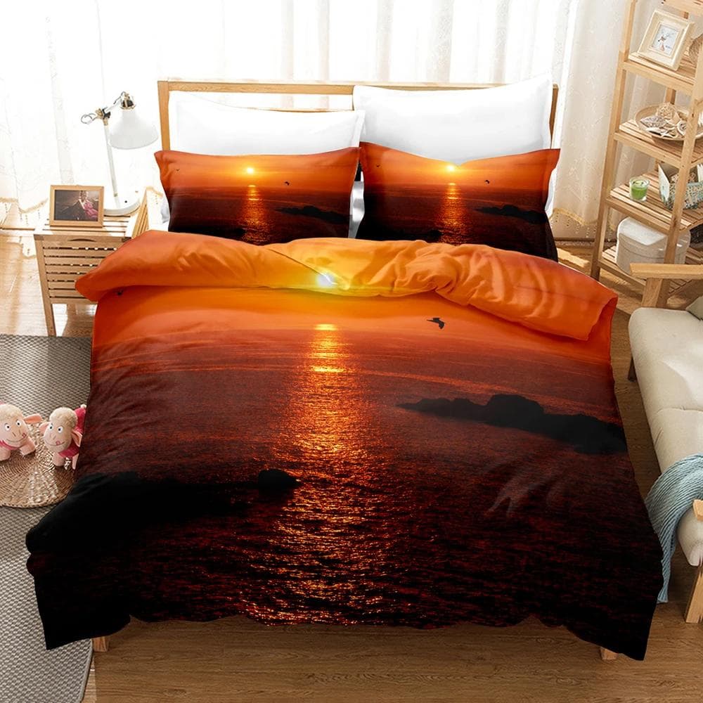 Goldon Sunset Bedding Set Tropical Beach Holiday Duvet Cover Set Girl Bed Cover Set Sunrise Quilt Cover Pillowcase Single Double 150x200cm 3pcs