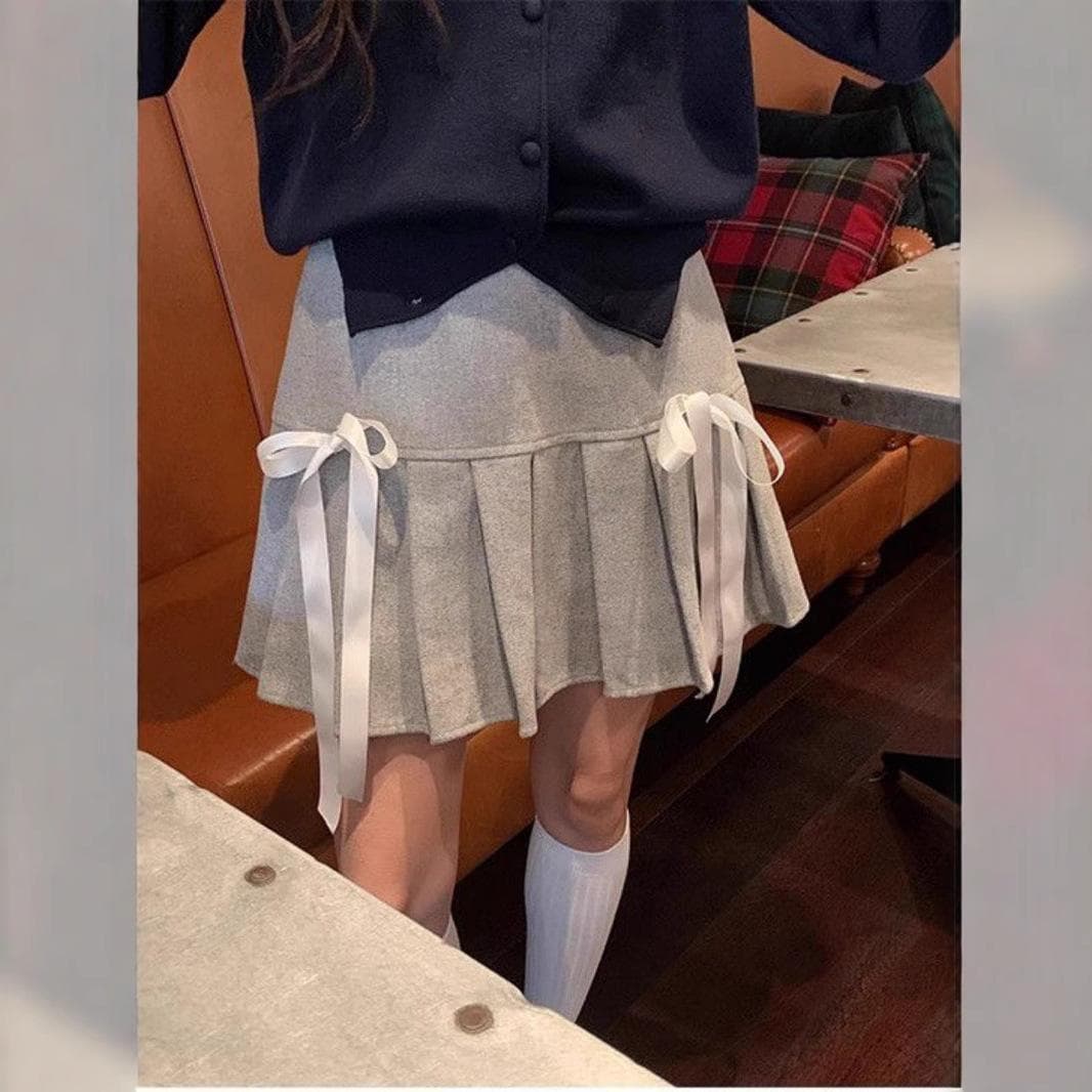 College Style Sweet and Chic Pleated Skirt Gray Skirt for Women Spring and Autumn Wool Zipper Design Bow Skirt L