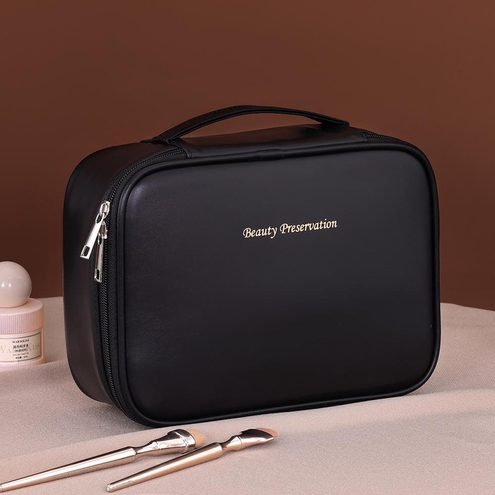 Double Layer Leather Makeup Bag Large Capacity Cosmetic Bag Luxury Cosmetics Organizer Women's Travel Essentials black