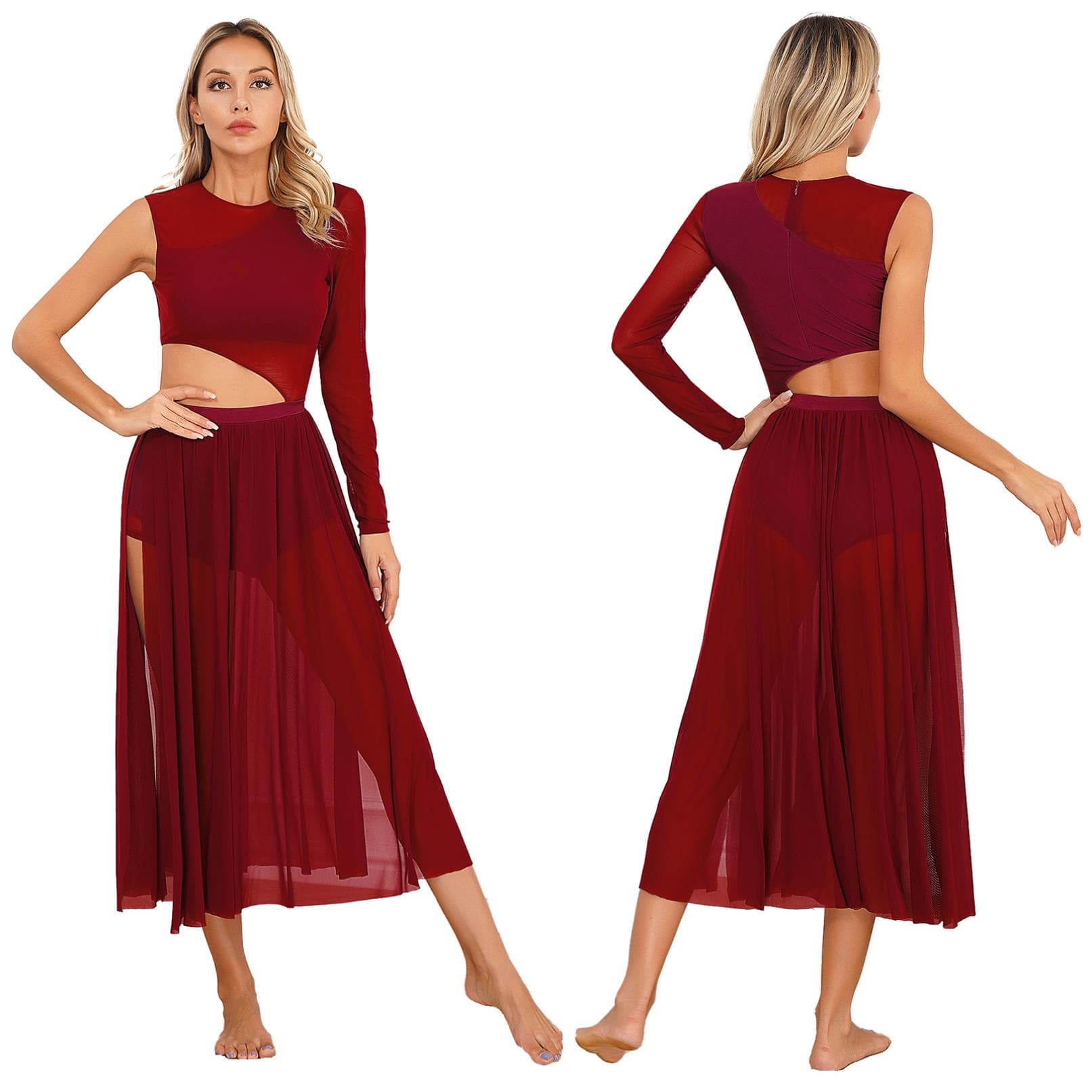Women Lyrical Modern Contemporary Dance Leotard Patchwork Side Split Mesh Dress Flowy Costume S burgundy