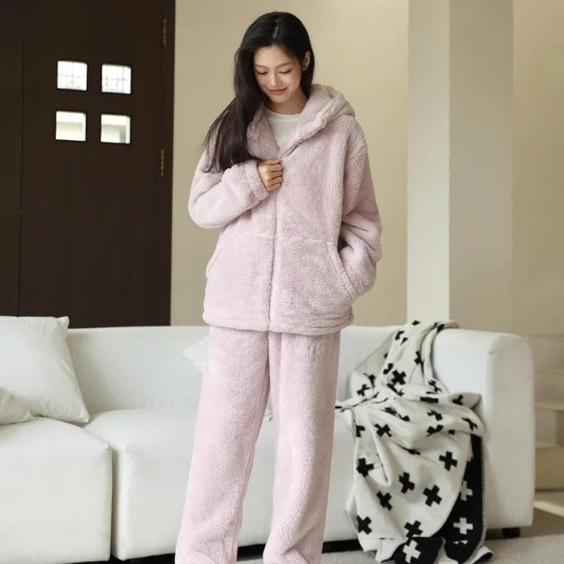 Autumn/Winter New Women's Sleepwear with Velvet Thickened Hoodie Home Clothes Two Piece Set Cute Outerwear Home Clothes Set One Size