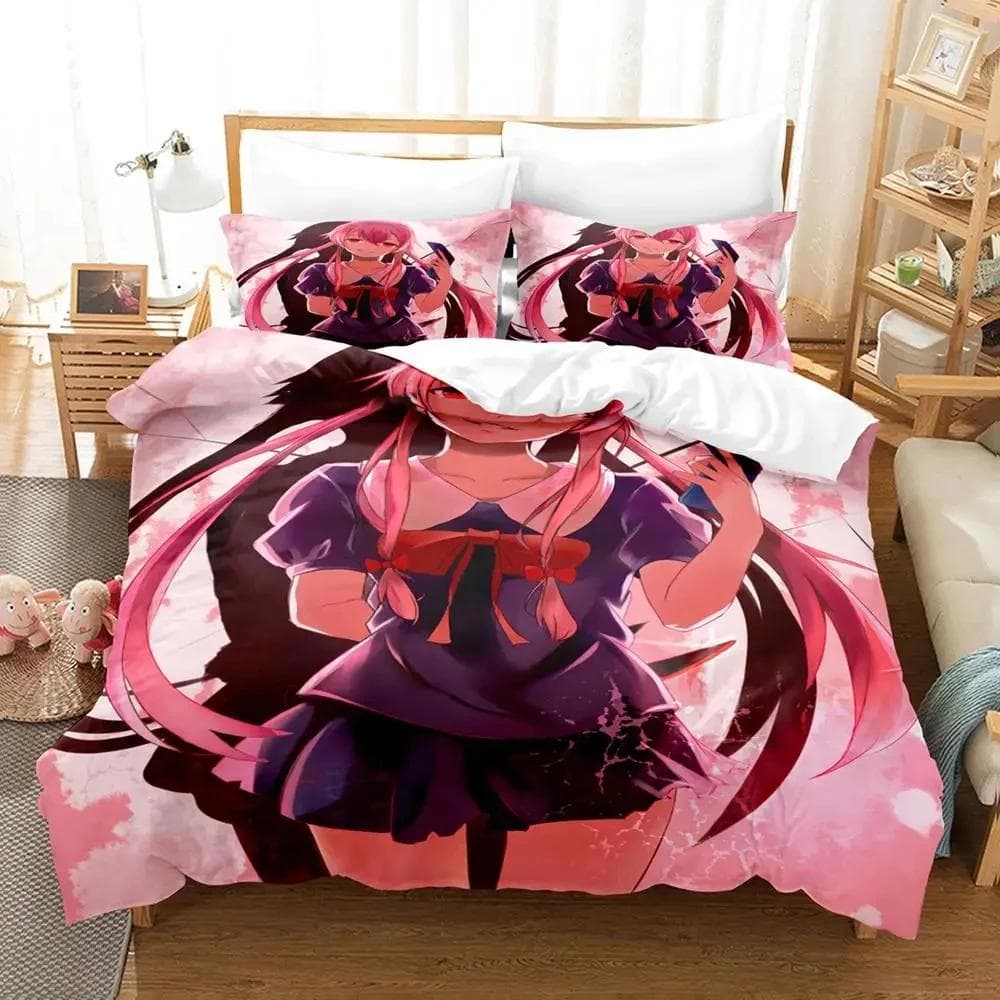 Fashion Anime Future Diary Yuno Gasai Bedding Set Boys Girls Twin Queen Size Duvet Cover Pillowcase Bed Kids Adult Home Textiles EU Twin 135x200cm