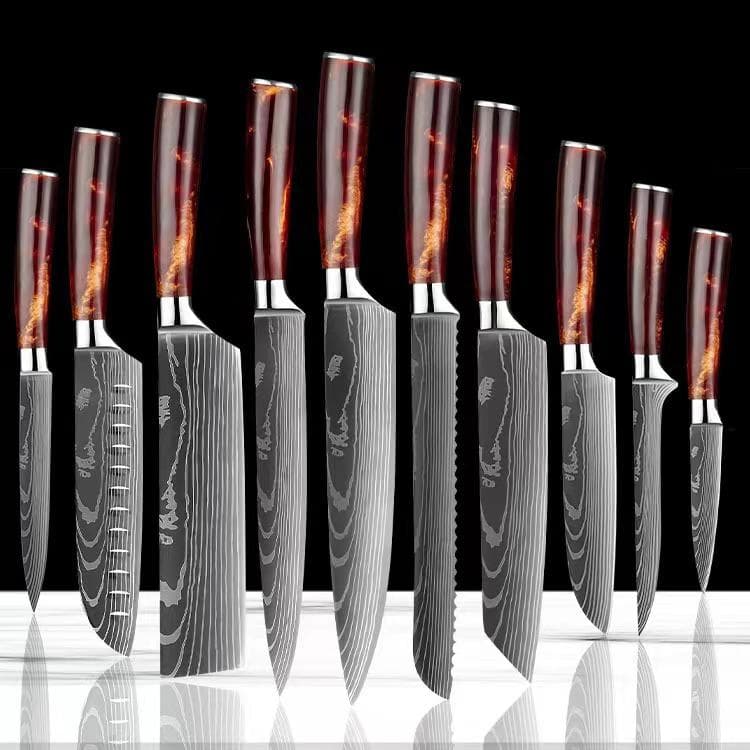 10PCS Kitchen Knives Stainless Steel 7CR17 440C Laser Damascus Japanese Santoku Cleaver Slicing Utility Chef Knife 10pcs red