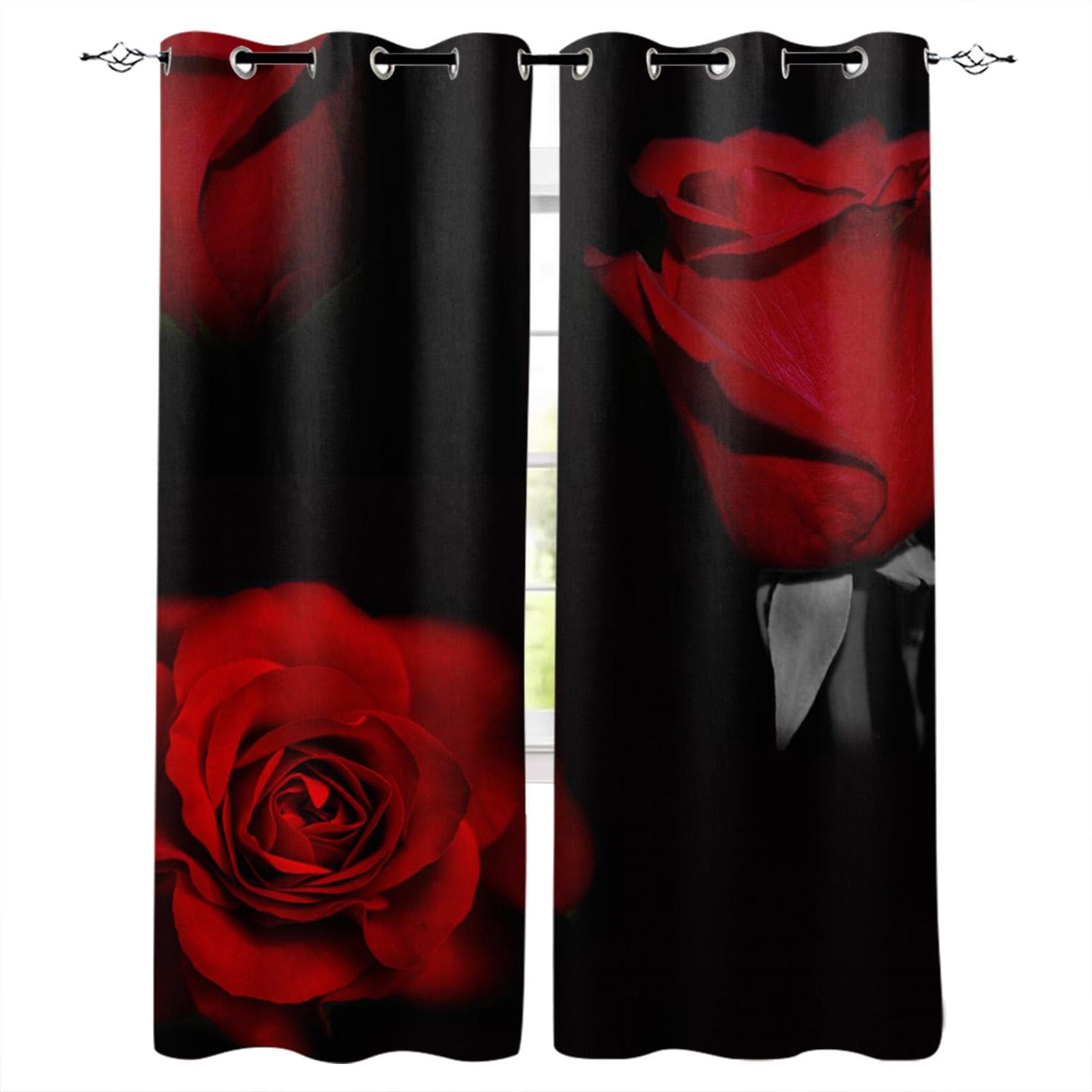 Red Rose On Black Background Window Curtain Home Decor Curtains for Living Room Bedroom Kitchen Curtain Panel 135W x 185H(cm)