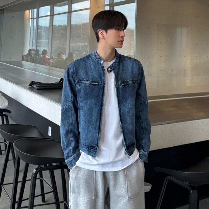 Designed Short Denim Jacket Men's Autumn Loose Stand-up Collar Jacket Korean Style Trendy Distressed Top 2XL blue