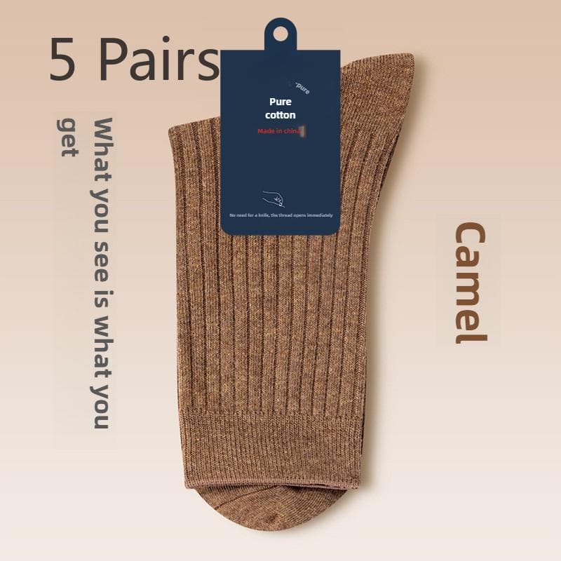 5 Pairs of Men's Spring and Autumn Pure Cotton Breathable Four Seasons Mid Tube Business Socks 5 Pairs camel