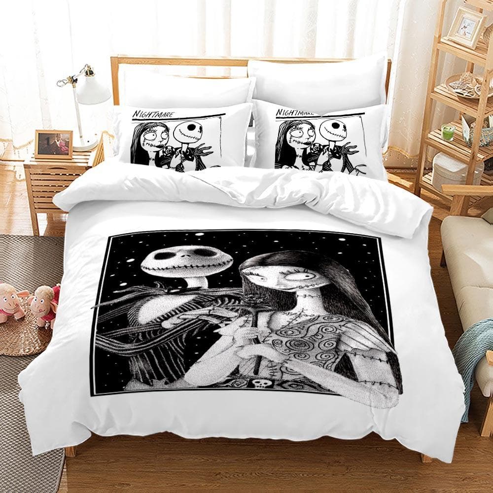 3pcs Queen Size Duvet Cover Sets, Nightmare Before Christmas Jack and Sally Rose Decor Bedding Set 2/3pcs Polyester Quilt Cover 70x133cm 2pcs