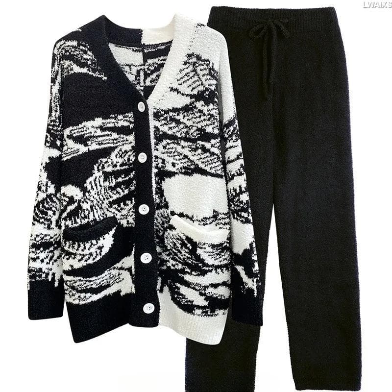 Home Clothes Suit Pajamas Ink Painting Chinese Style Women's Autumn Winter Soft Comfortable Fleece-lined Thickened Warm Wearing One Size black