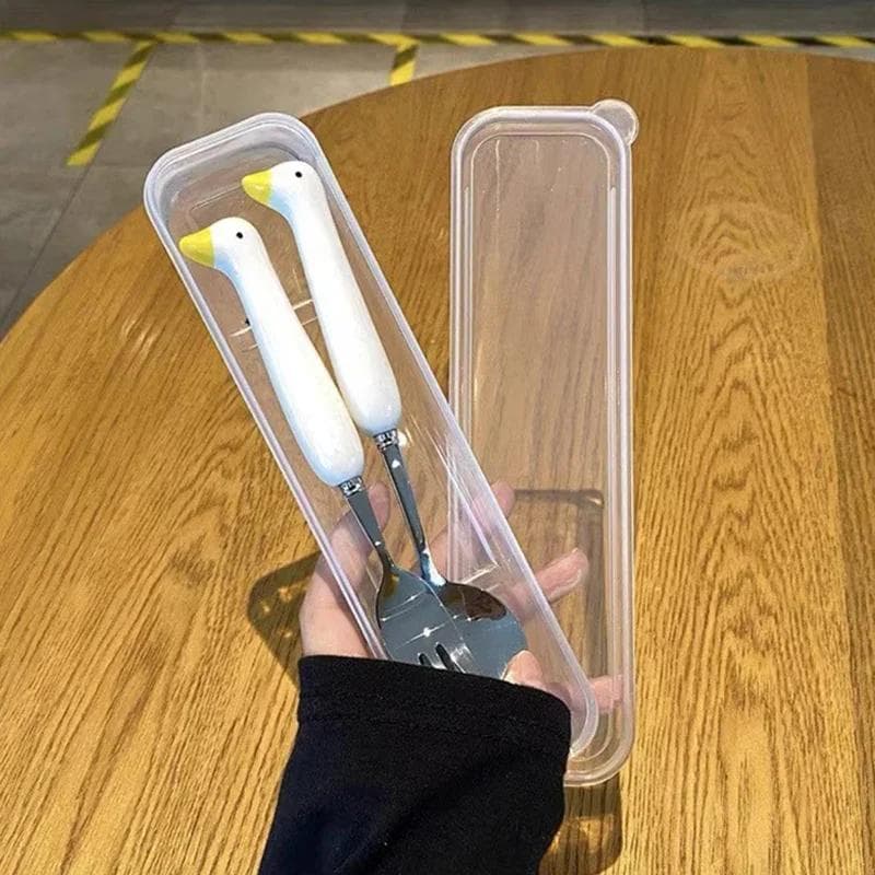 Children Cartoon Animals Cutlery Stainless Steel Spoon Fork Set Portable Outdoor Lunch Tableware with Box Kitchen Accessories