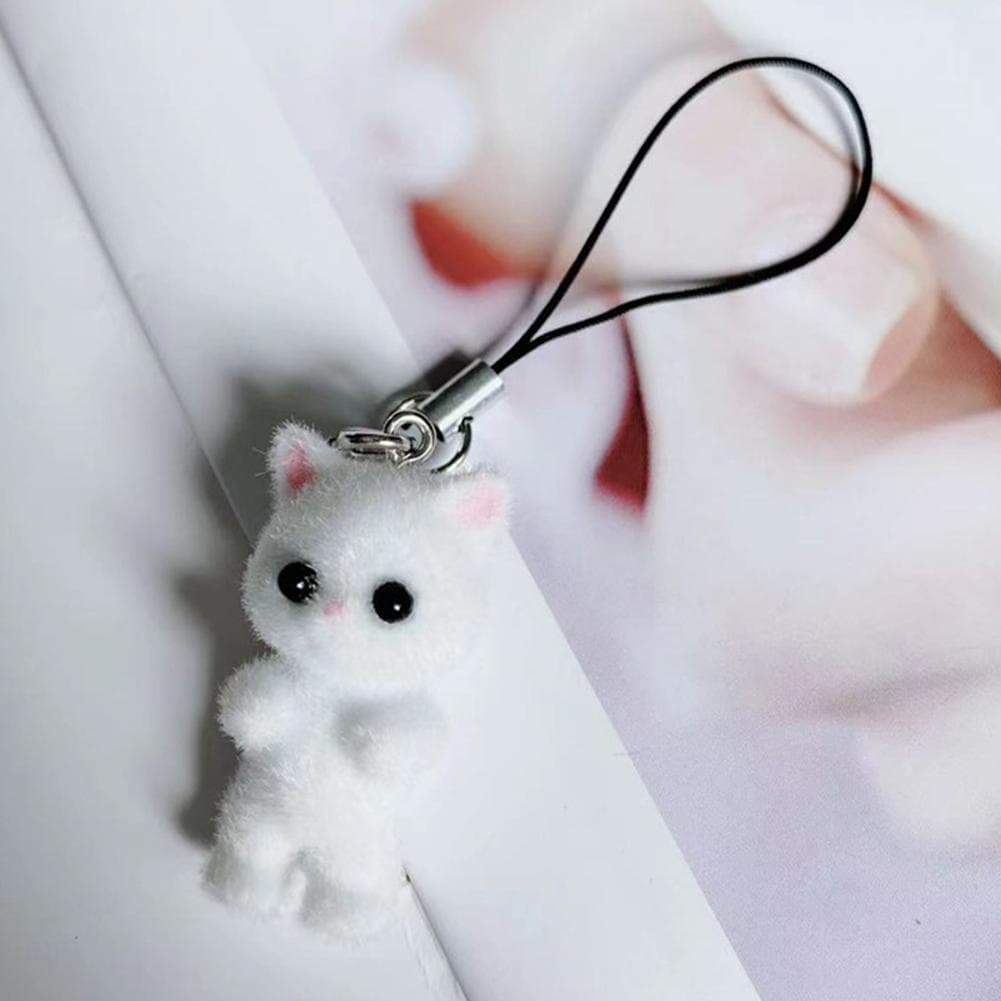 Kawaii Flocking Cat Pendant Phone Lanyard Cute Bow Kitten Phone Chain Korean Mobile Phone Charm Keycord Girl Gifts white
